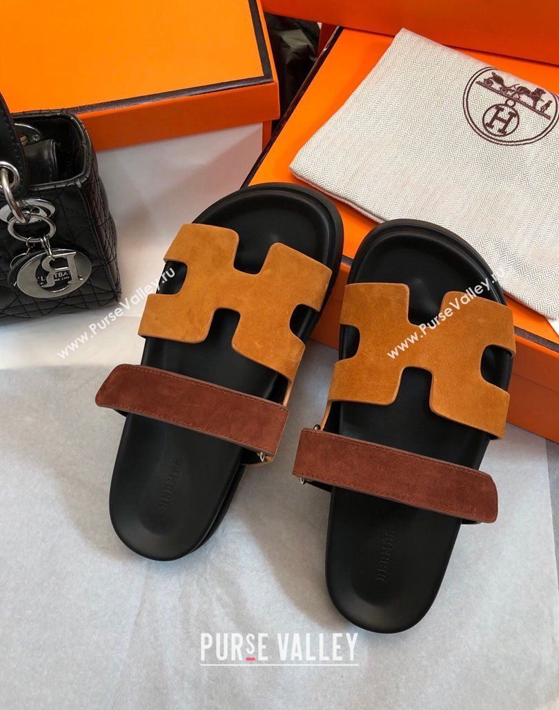 Hermes Chypre Flat Sandals in Suede Yellow/Brown 2024 0327 (MD-240327034)