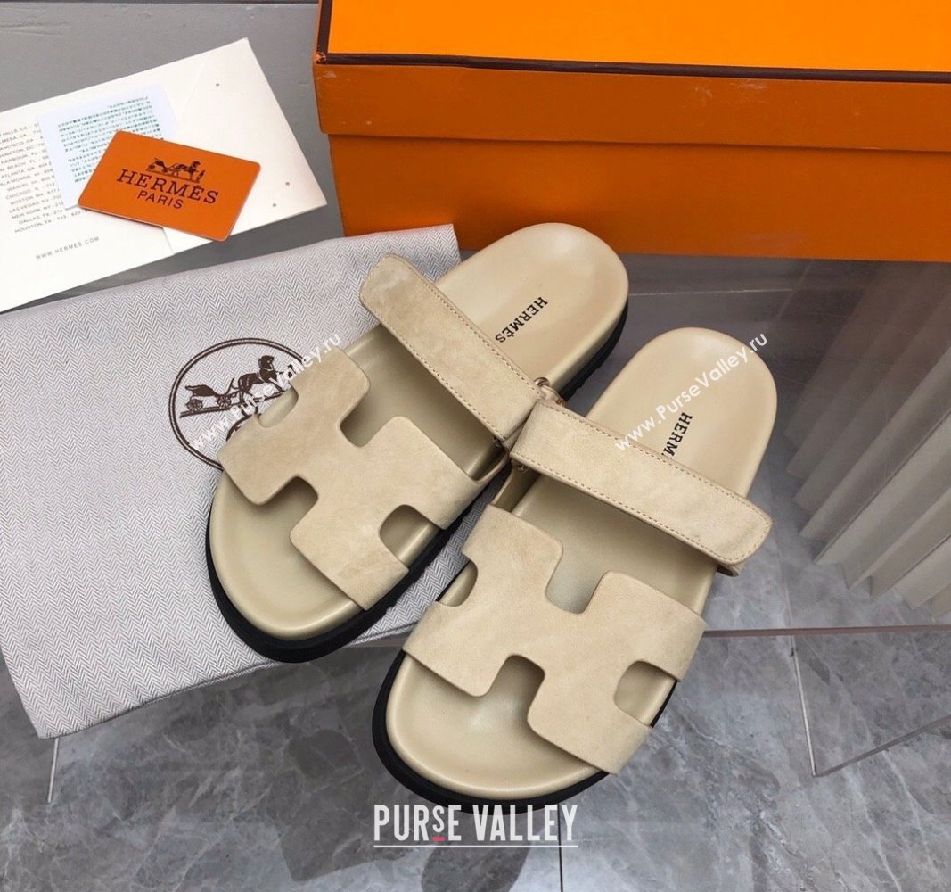 Hermes Chypre Flat Sandals in Suede Light Beige 2024 0327 (MD-240327041)