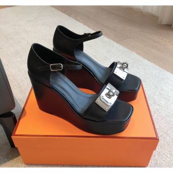 Hermes Hilda Calfskin Wedge Sandals with Kelly Buckle Black 2024 (XC-240425186)