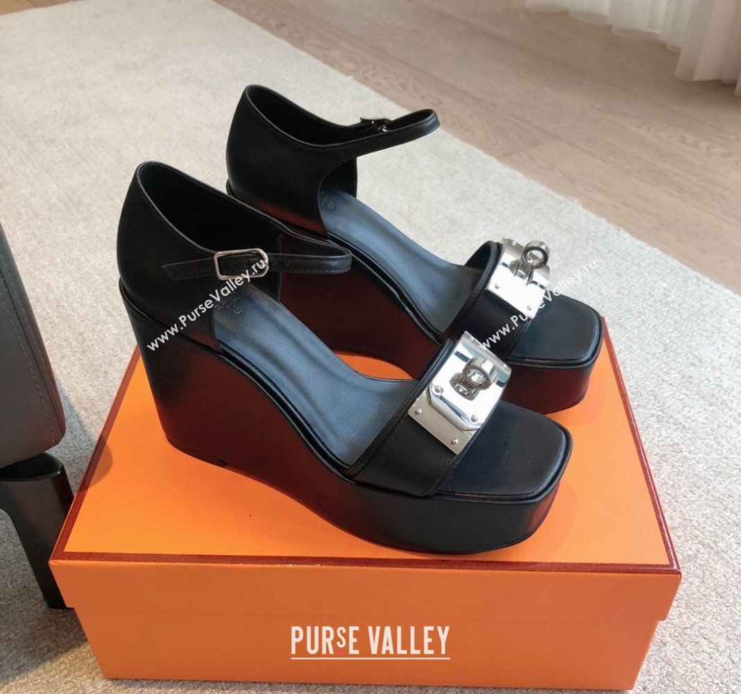 Hermes Hilda Calfskin Wedge Sandals with Kelly Buckle Black 2024 (XC-240425186)