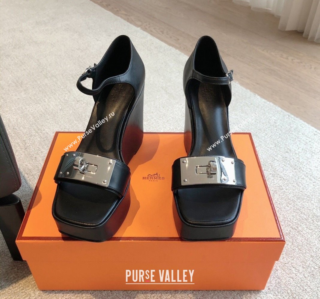 Hermes Hilda Calfskin Wedge Sandals with Kelly Buckle Black 2024 (XC-240425186)