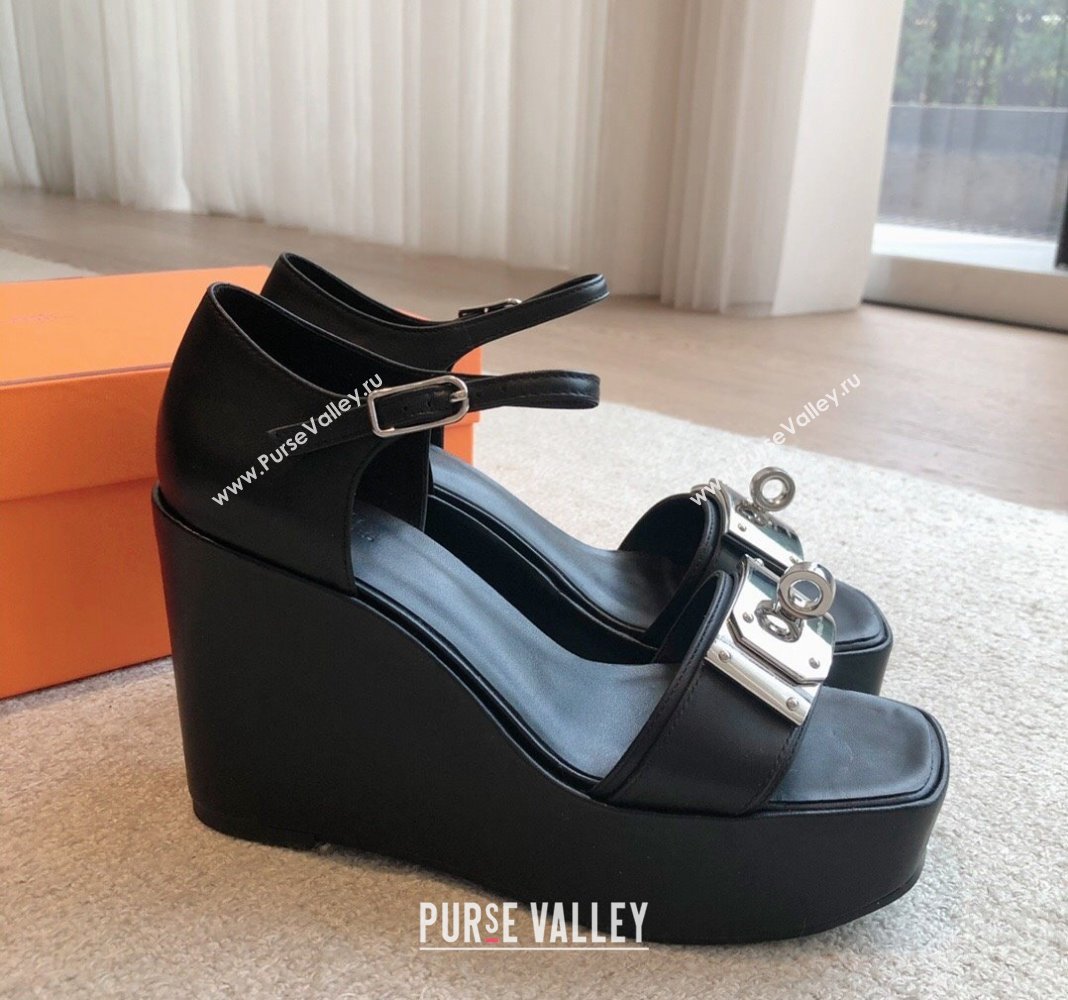 Hermes Hilda Calfskin Wedge Sandals with Kelly Buckle Black 2024 (XC-240425186)