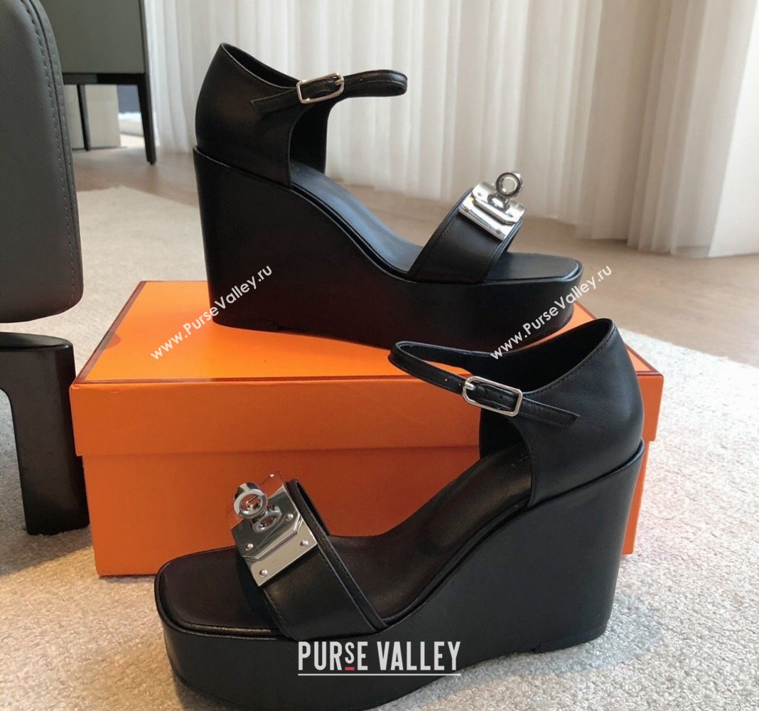 Hermes Hilda Calfskin Wedge Sandals with Kelly Buckle Black 2024 (XC-240425186)