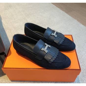Hermes Royal Loafers in Calfskin and Blue Denim with Fringe 2024 0425 (XC-240425196)