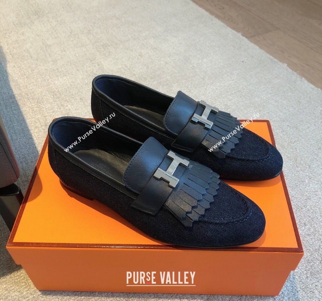 Hermes Royal Loafers in Calfskin and Blue Denim with Fringe 2024 0425 (XC-240425196)