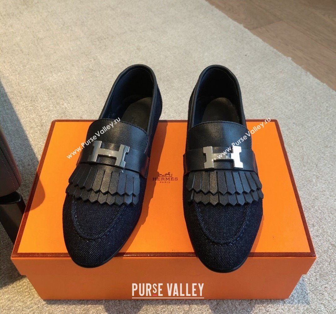 Hermes Royal Loafers in Calfskin and Blue Denim with Fringe 2024 0425 (XC-240425196)