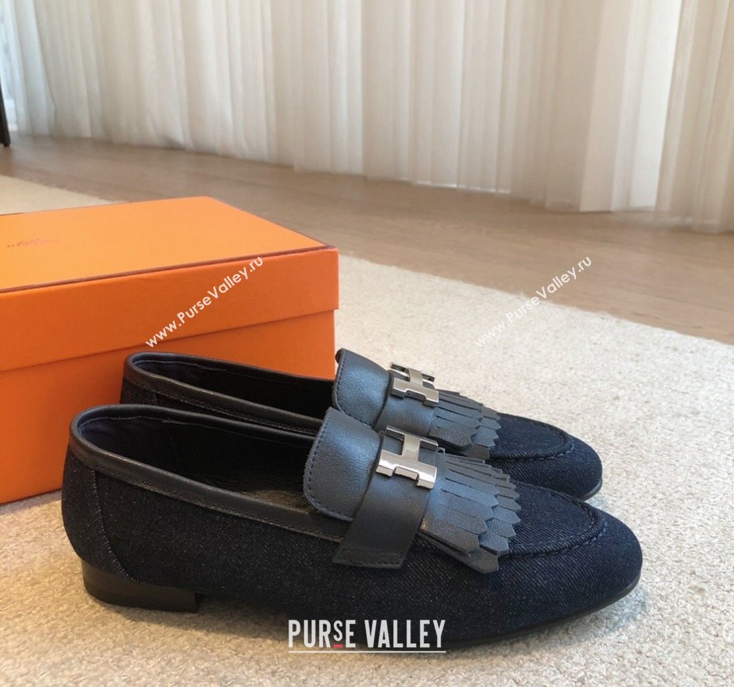 Hermes Royal Loafers in Calfskin and Blue Denim with Fringe 2024 0425 (XC-240425196)
