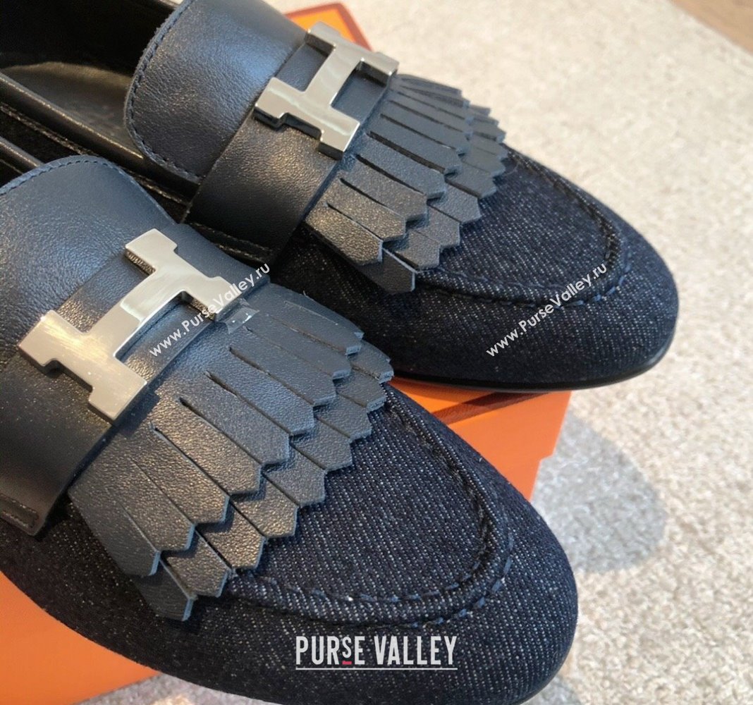 Hermes Royal Loafers in Calfskin and Blue Denim with Fringe 2024 0425 (XC-240425196)