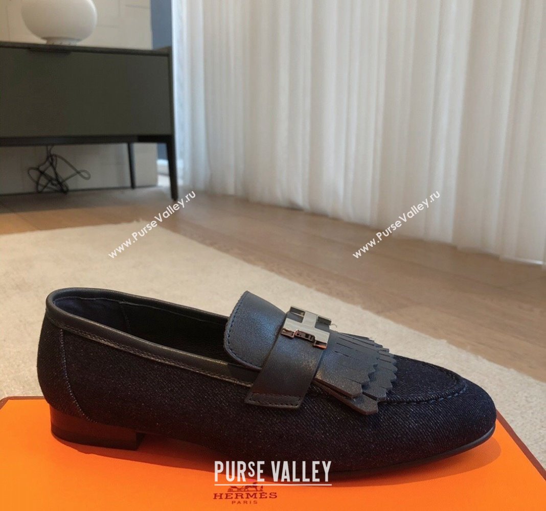 Hermes Royal Loafers in Calfskin and Blue Denim with Fringe 2024 0425 (XC-240425196)