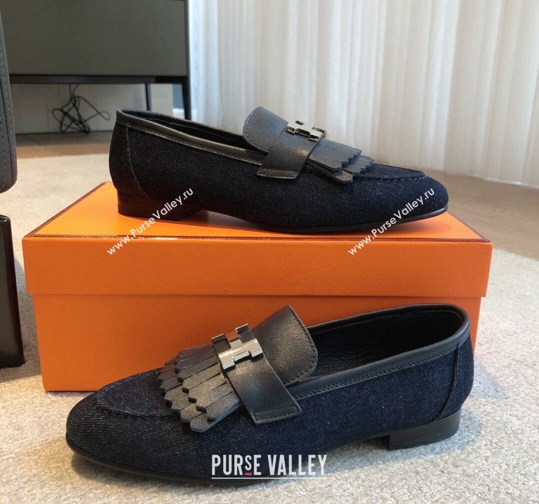 Hermes Royal Loafers in Calfskin and Blue Denim with Fringe 2024 0425 (XC-240425196)
