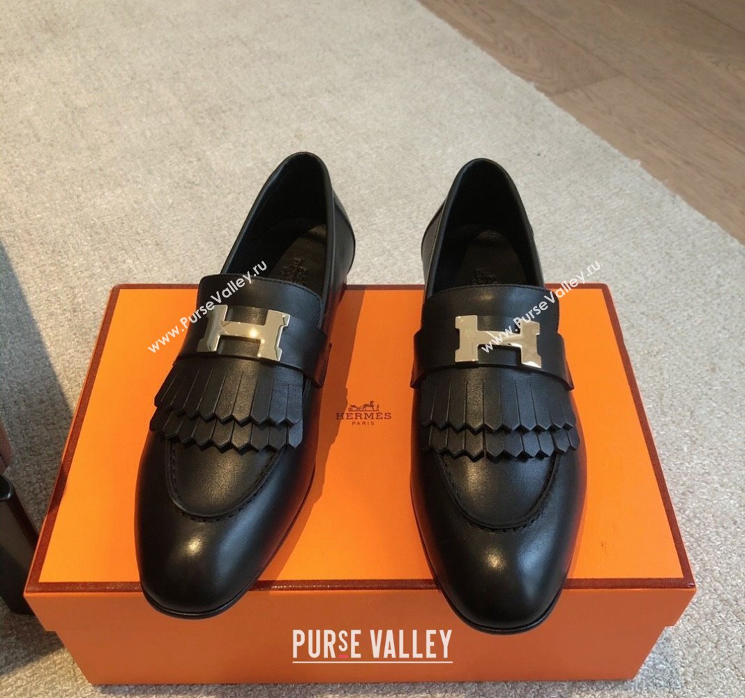 Hermes Royal Loafers in Calfskin with Fringe Black/Gold 2024 0425 (XC-240425200)