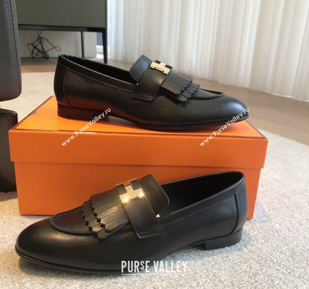 Hermes Royal Loafers in Calfskin with Fringe Black/Gold 2024 0425 (XC-240425200)