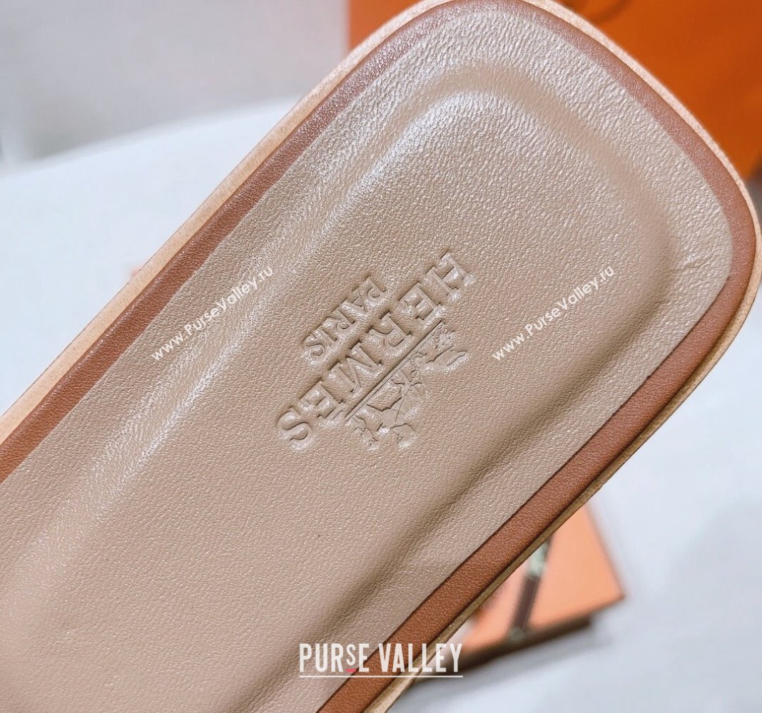 Hermes Oran Calfskin Flat Slide Sandals with Silver-Tone Studs Brown 2024 0426 (MD-240426002)