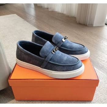 Hermes Game Suede Slip-on Sneakers with Kelly Buckle Dark Blue 2024 0425 (XC-240425099)