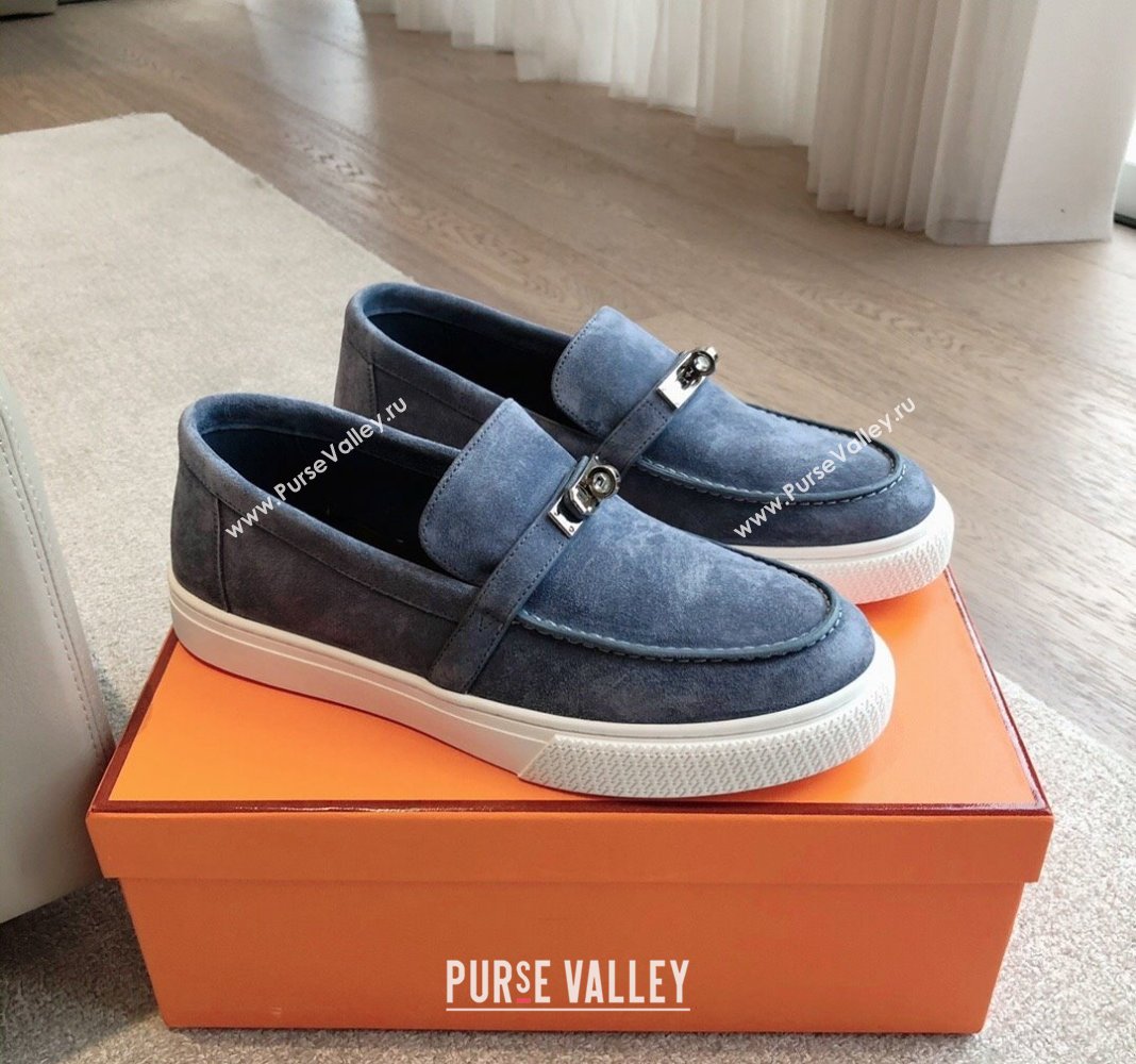 Hermes Game Suede Slip-on Sneakers with Kelly Buckle Dark Blue 2024 0425 (XC-240425099)