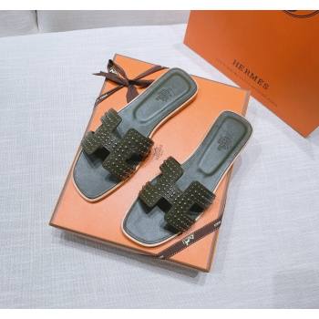 Hermes Oran Calfskin Flat Slide Sandals with Silver-Tone Studs Green 2024 0426 (MD-240426004)