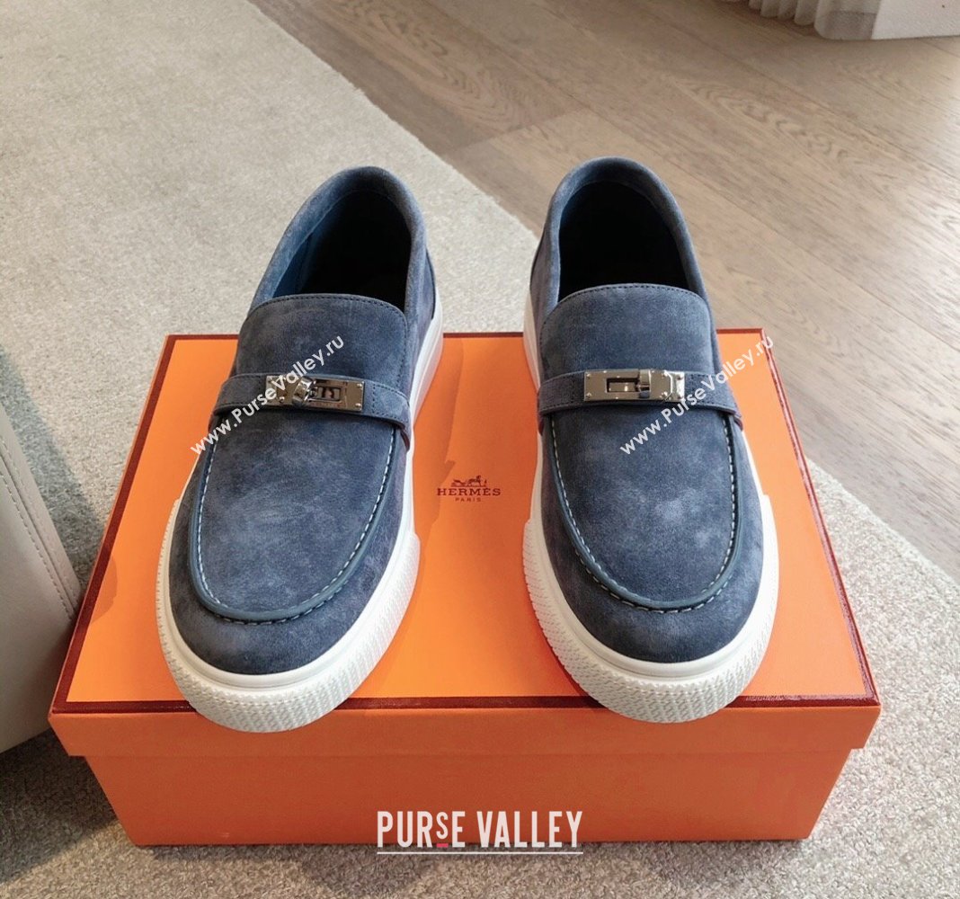 Hermes Game Suede Slip-on Sneakers with Kelly Buckle Dark Blue 2024 0425 (XC-240425099)
