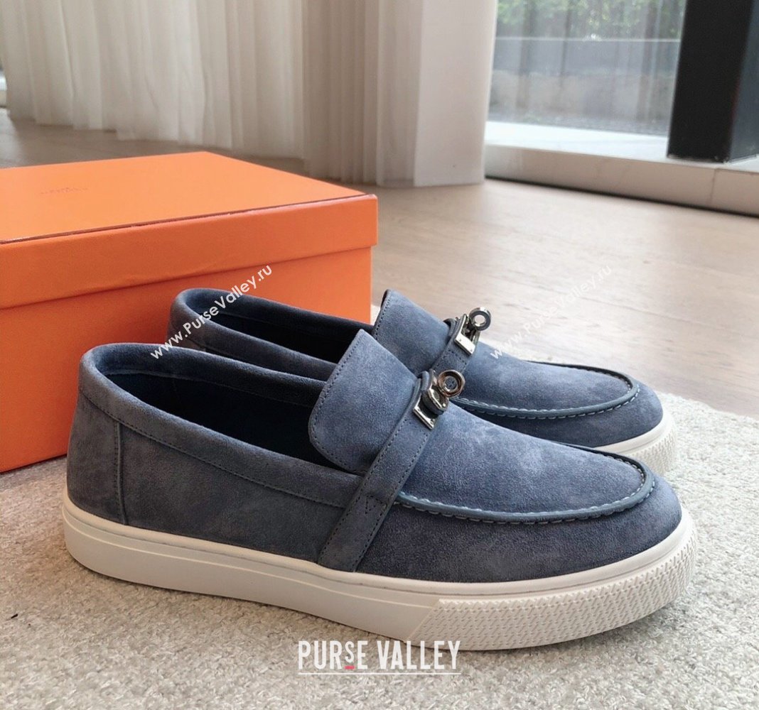 Hermes Game Suede Slip-on Sneakers with Kelly Buckle Dark Blue 2024 0425 (XC-240425099)