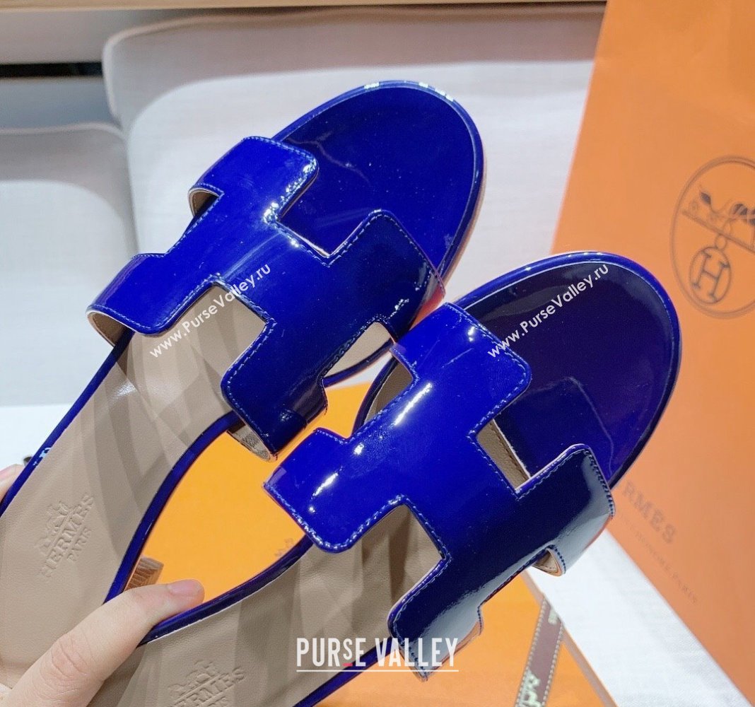 Hermes Oasis Heel Slide Sandals in Patent Calfskin Blue 2024 0426 (MD-240426005)