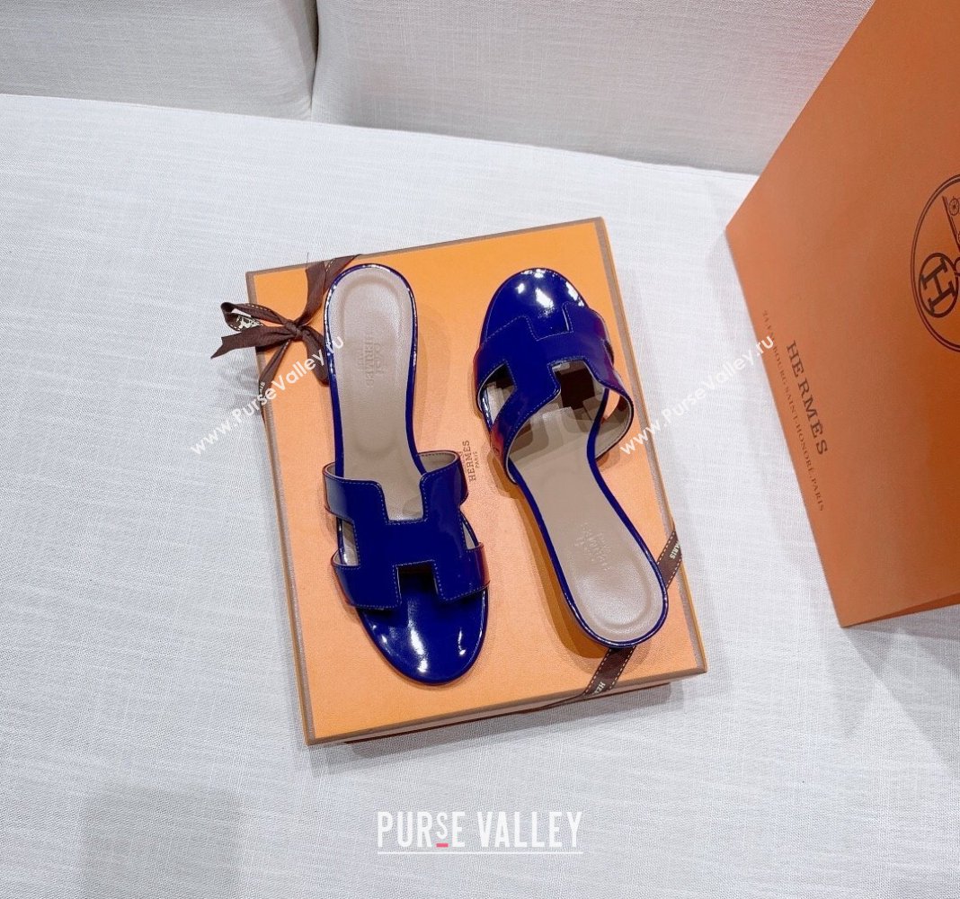 Hermes Oasis Heel Slide Sandals in Patent Calfskin Blue 2024 0426 (MD-240426005)