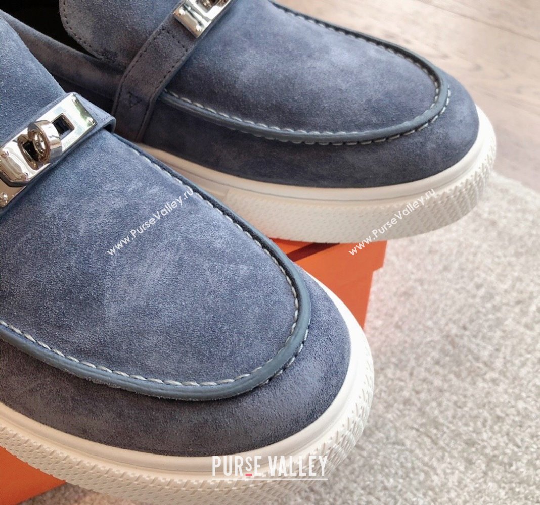 Hermes Game Suede Slip-on Sneakers with Kelly Buckle Dark Blue 2024 0425 (XC-240425099)