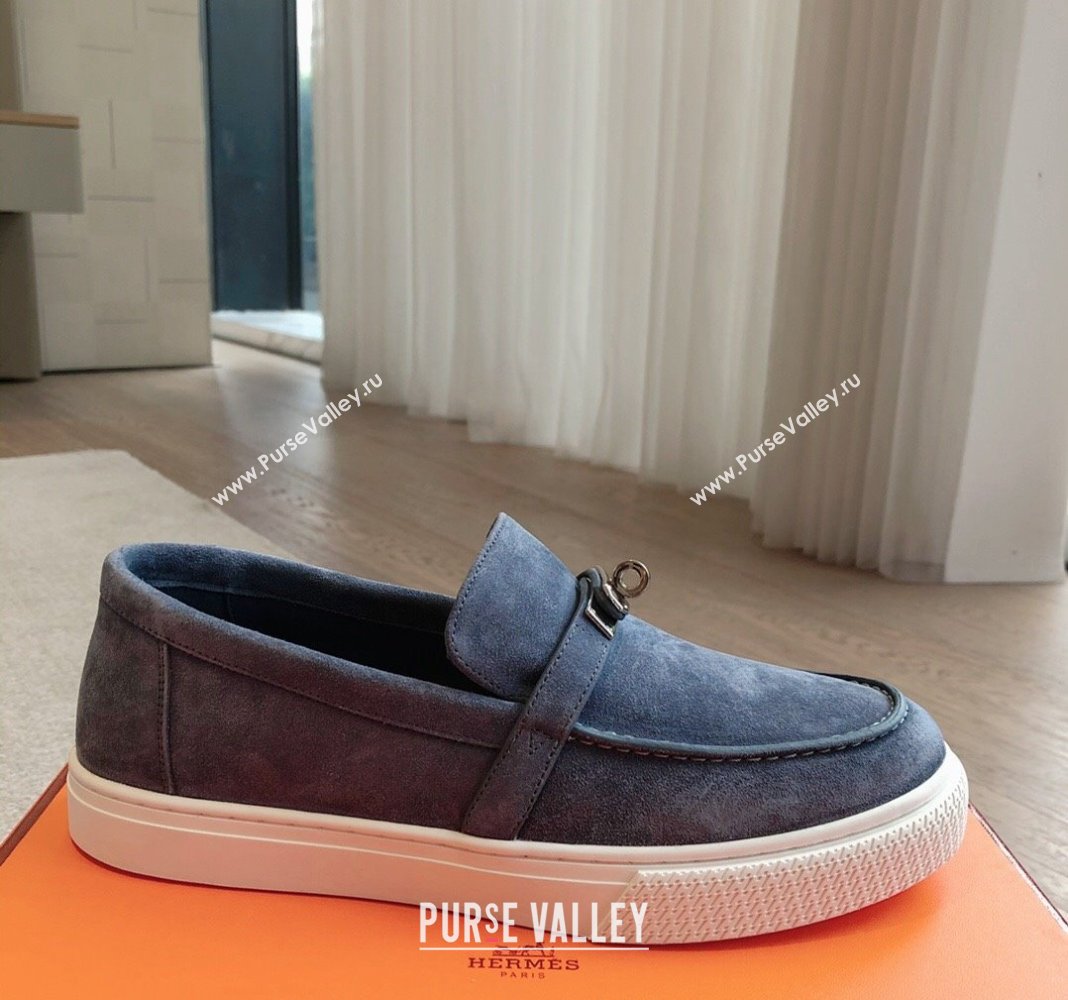 Hermes Game Suede Slip-on Sneakers with Kelly Buckle Dark Blue 2024 0425 (XC-240425099)