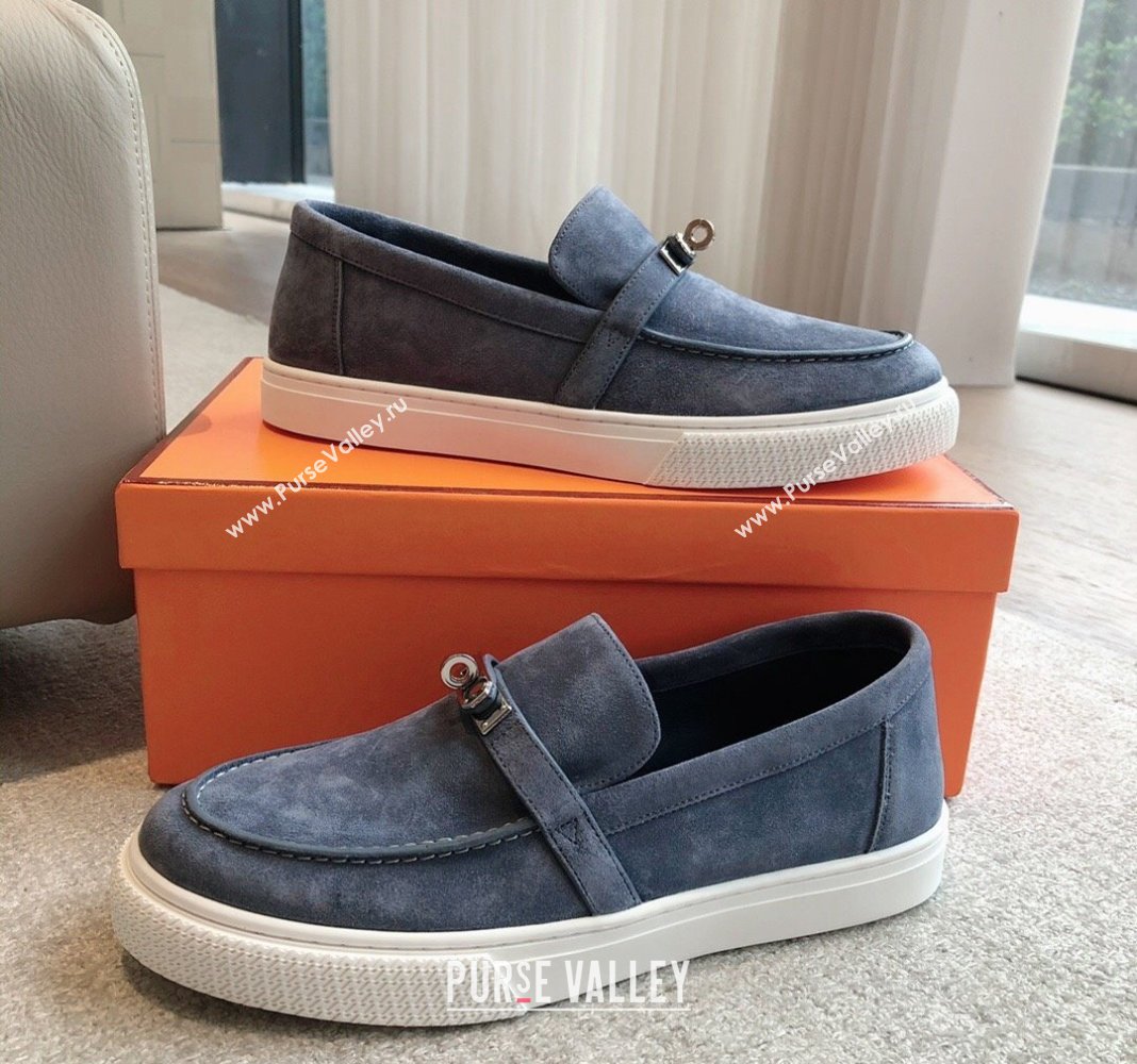 Hermes Game Suede Slip-on Sneakers with Kelly Buckle Dark Blue 2024 0425 (XC-240425099)
