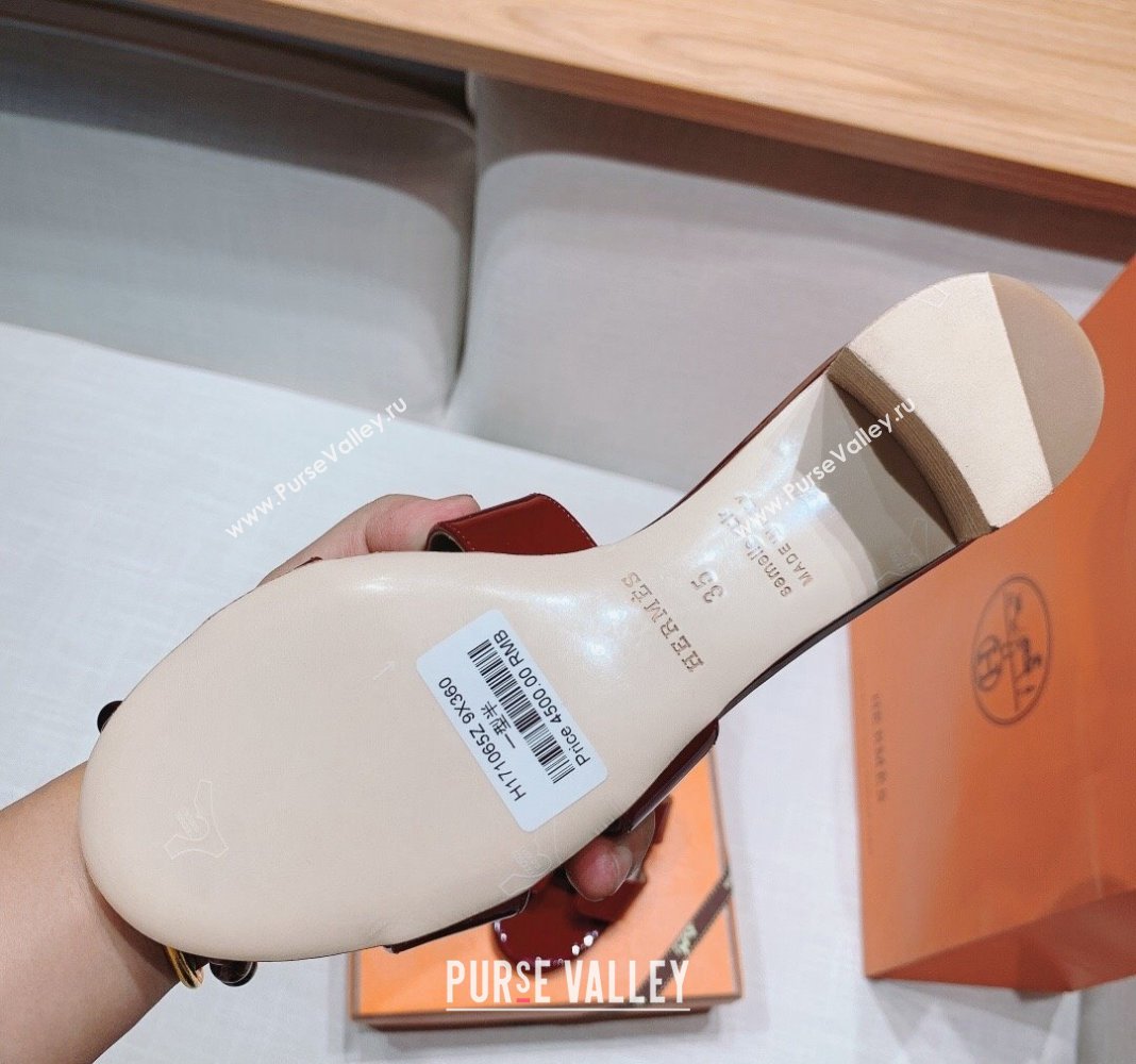 Hermes Oasis Heel Slide Sandals in Patent Calfskin Burgundy 2024 0426 (MD-240426011)