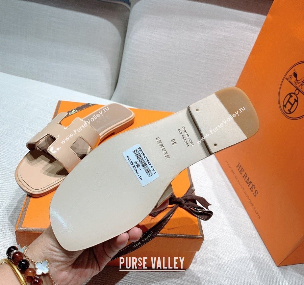 Hermes Oran Flat Slide Sandals in Patent Calfskin Nude 2024 0426 (MD-240426013)