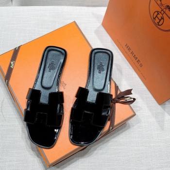 Hermes Oran Flat Slide Sandals in Patent Calfskin Black 2024 0426 (MD-240426014)