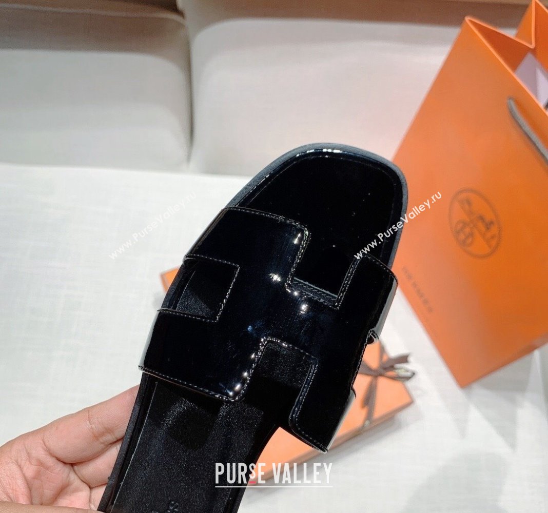 Hermes Oran Flat Slide Sandals in Patent Calfskin Black 2024 0426 (MD-240426014)