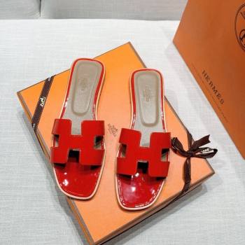 Hermes Oran Flat Slide Sandals in Patent Calfskin Red 2024 0426 (MD-240426015)