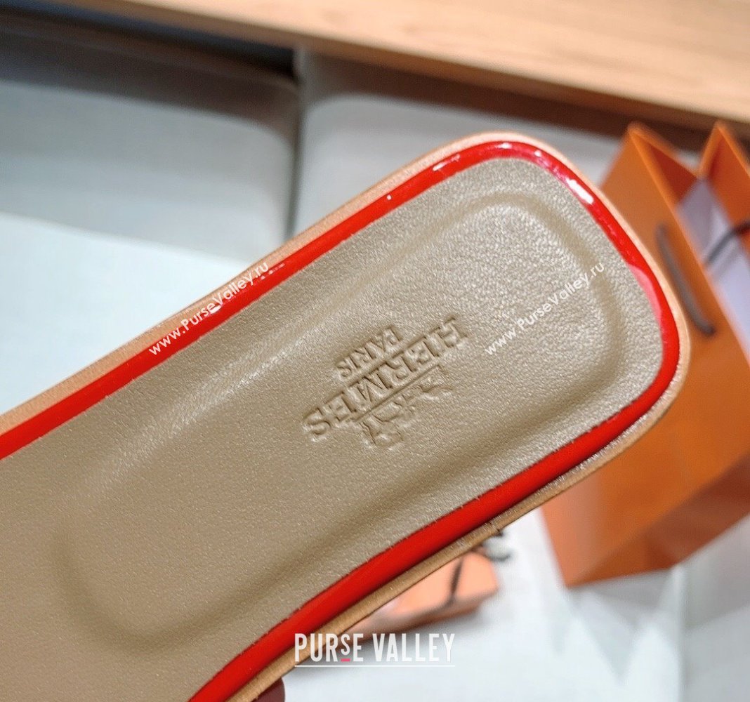 Hermes Oran Flat Slide Sandals in Patent Calfskin Red 2024 0426 (MD-240426015)