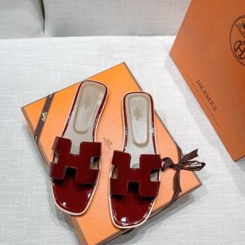 Hermes Oran Flat Slide Sandals in Patent Calfskin Burgundy 2024 0426 (MD-240426016)