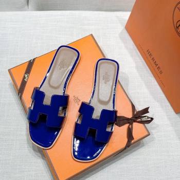 Hermes Oran Flat Slide Sandals in Patent Calfskin Blue 2024 0426 (MD-240426017)