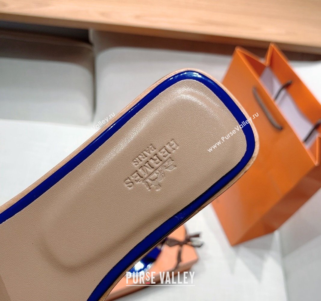 Hermes Oran Flat Slide Sandals in Patent Calfskin Blue 2024 0426 (MD-240426017)