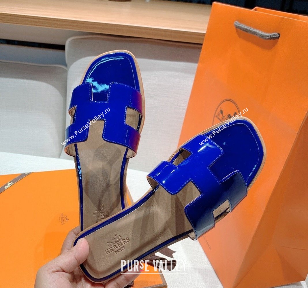 Hermes Oran Flat Slide Sandals in Patent Calfskin Blue 2024 0426 (MD-240426017)