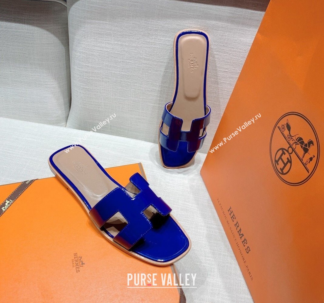 Hermes Oran Flat Slide Sandals in Patent Calfskin Blue 2024 0426 (MD-240426017)