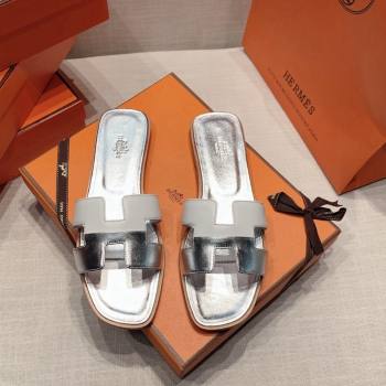 Hermes Oran Flat Slide Sandals in Patchwork Calfskin White/Silver 2024 0426 (MD-240426019)