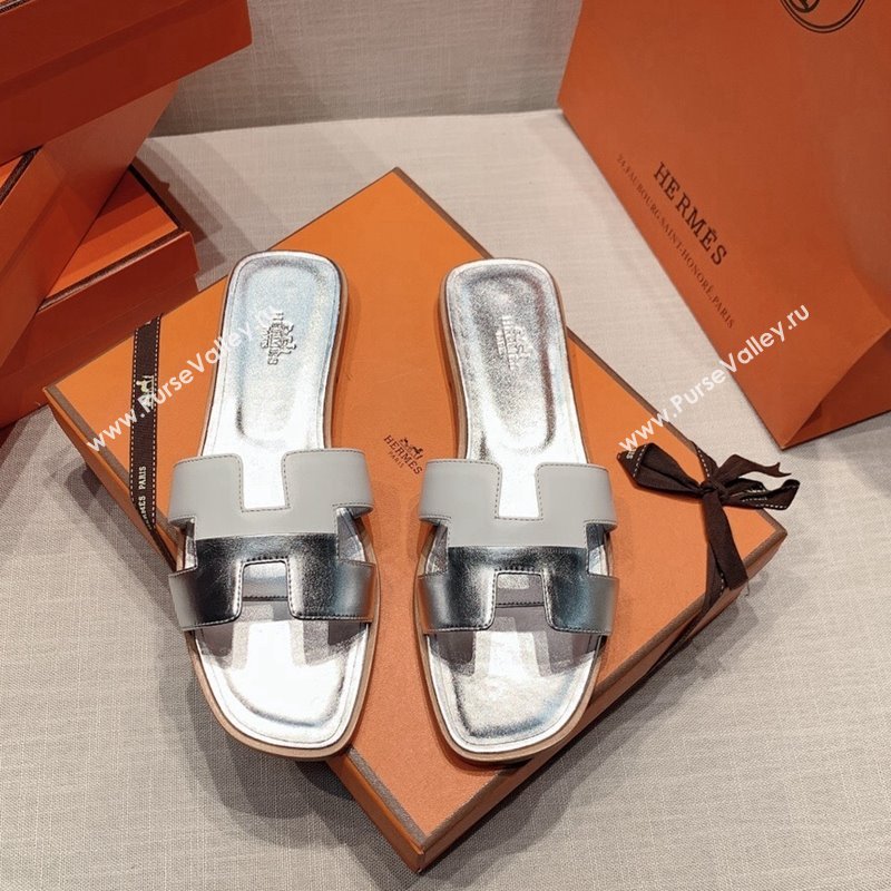 Hermes Oran Flat Slide Sandals in Patchwork Calfskin White/Silver 2024 0426 (MD-240426019)