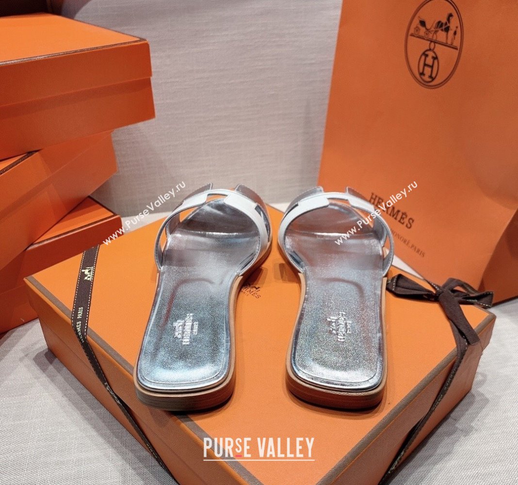 Hermes Oran Flat Slide Sandals in Patchwork Calfskin White/Silver 2024 0426 (MD-240426019)