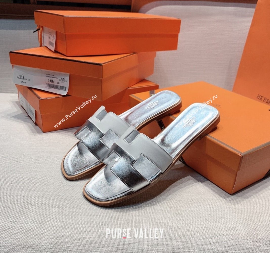 Hermes Oran Flat Slide Sandals in Patchwork Calfskin White/Silver 2024 0426 (MD-240426019)