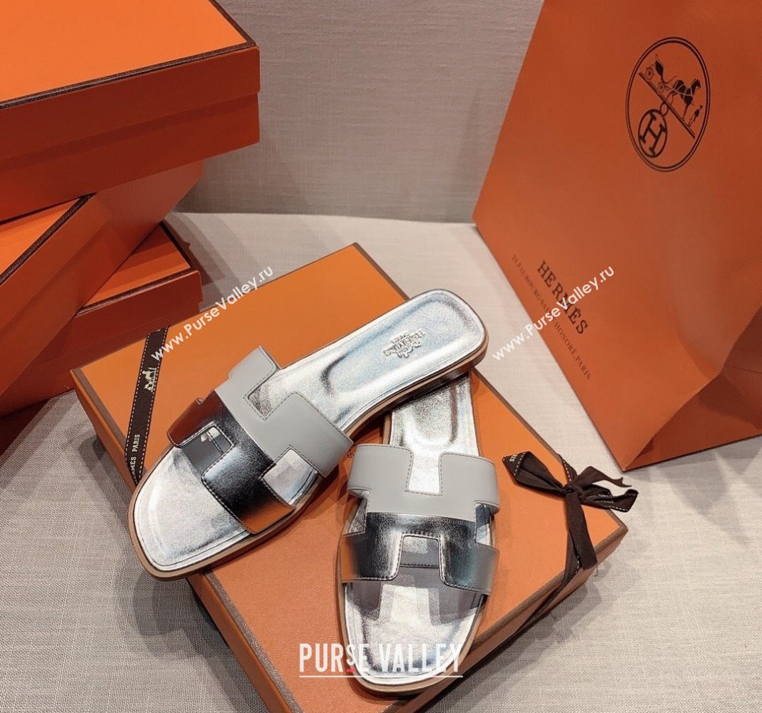 Hermes Oran Flat Slide Sandals in Patchwork Calfskin White/Silver 2024 0426 (MD-240426019)