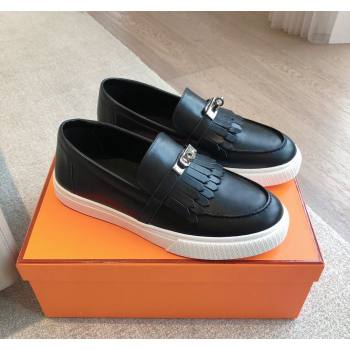 Hermes Game Calfskin Slip-on Sneakers with Kelly Buckle and Fringe Black 2024 0425 (XC-240425101)