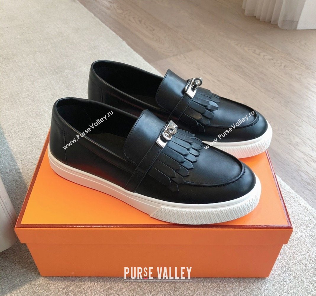 Hermes Game Calfskin Slip-on Sneakers with Kelly Buckle and Fringe Black 2024 0425 (XC-240425101)