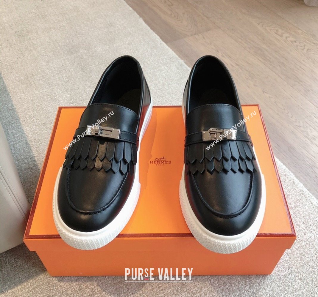 Hermes Game Calfskin Slip-on Sneakers with Kelly Buckle and Fringe Black 2024 0425 (XC-240425101)