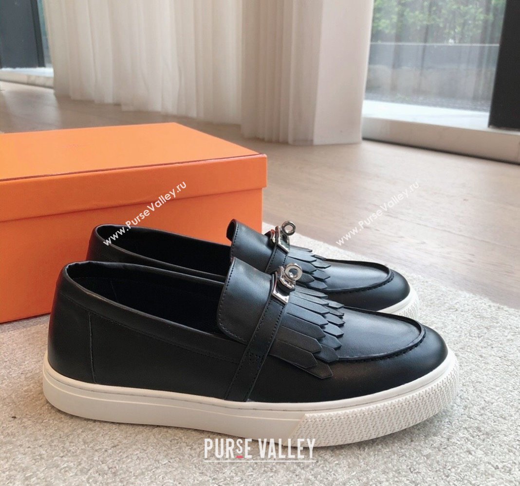 Hermes Game Calfskin Slip-on Sneakers with Kelly Buckle and Fringe Black 2024 0425 (XC-240425101)