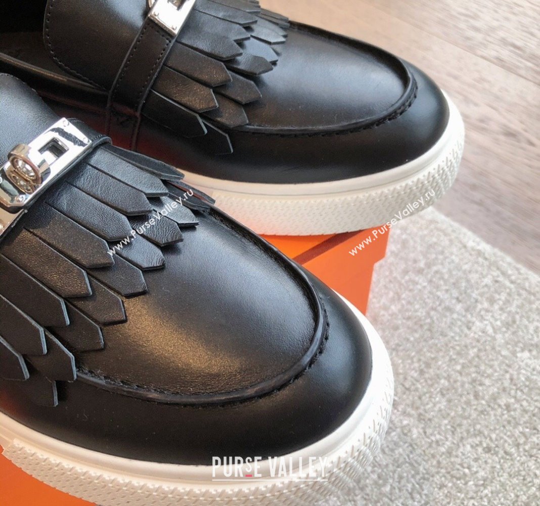 Hermes Game Calfskin Slip-on Sneakers with Kelly Buckle and Fringe Black 2024 0425 (XC-240425101)