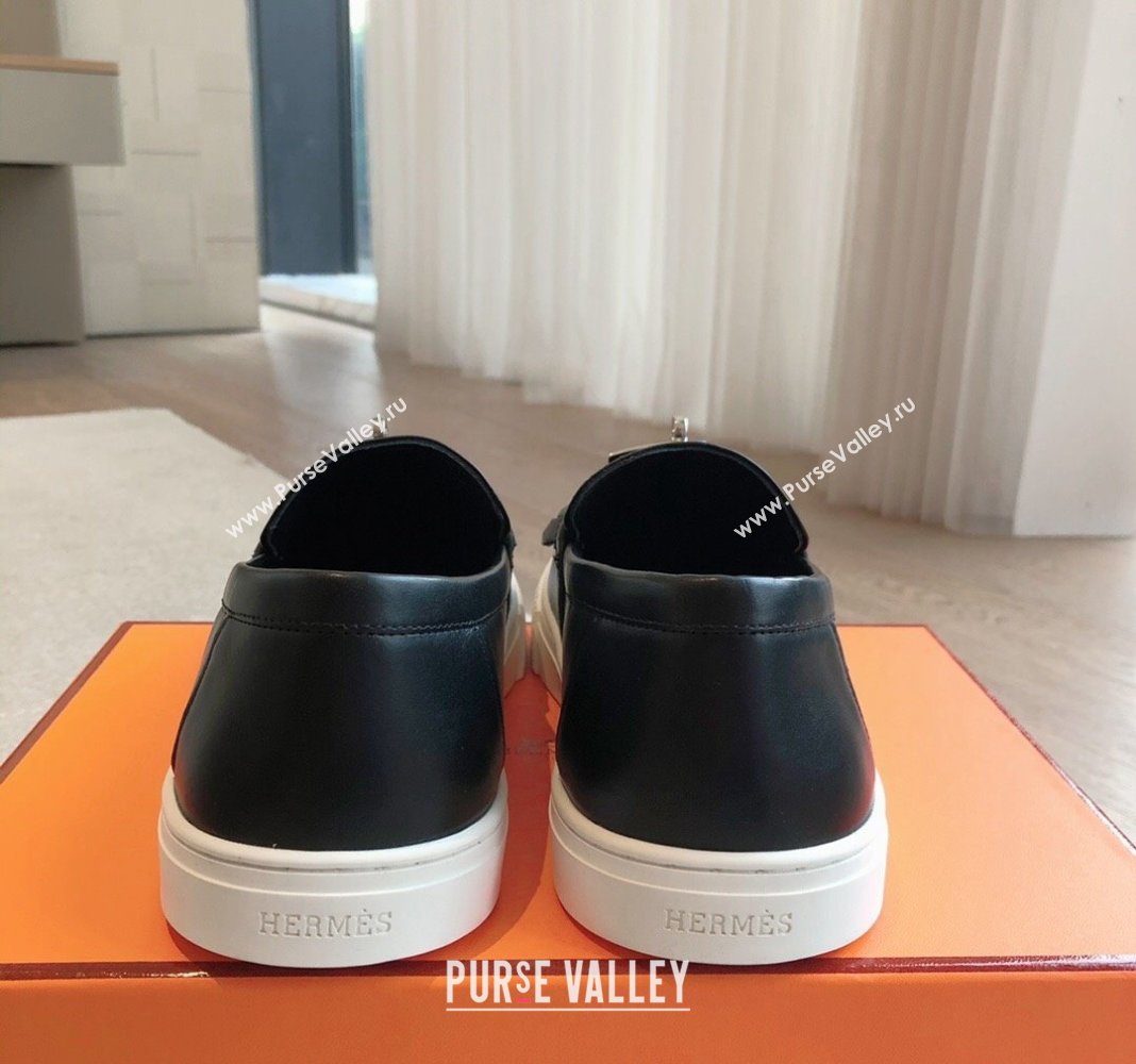 Hermes Game Calfskin Slip-on Sneakers with Kelly Buckle and Fringe Black 2024 0425 (XC-240425101)