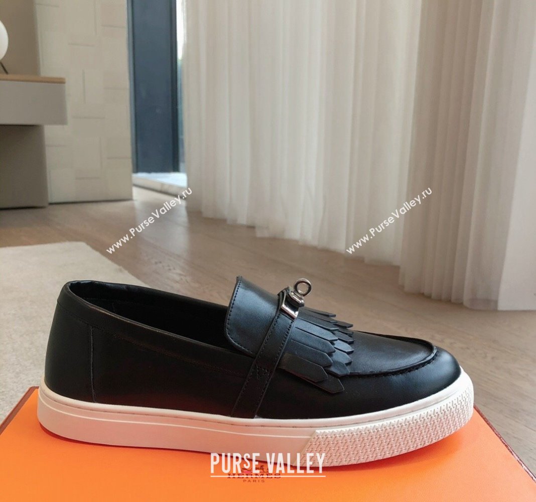 Hermes Game Calfskin Slip-on Sneakers with Kelly Buckle and Fringe Black 2024 0425 (XC-240425101)